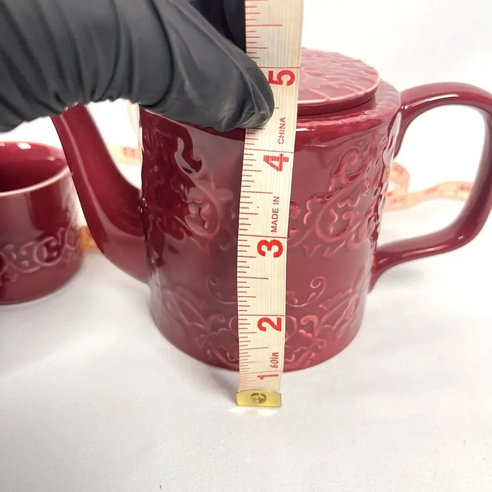 Teavana Rohan Pattern Red Ceramic 5 Pc Teapot Lid & 4 Cups Embossed Small Chip